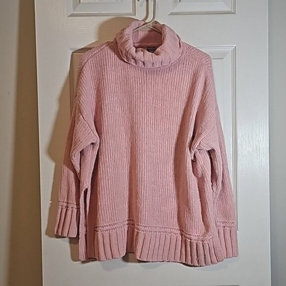 Aerie Turtleneck Sweater Oversized High Collar Slit Sides Pink Chunky Size XS